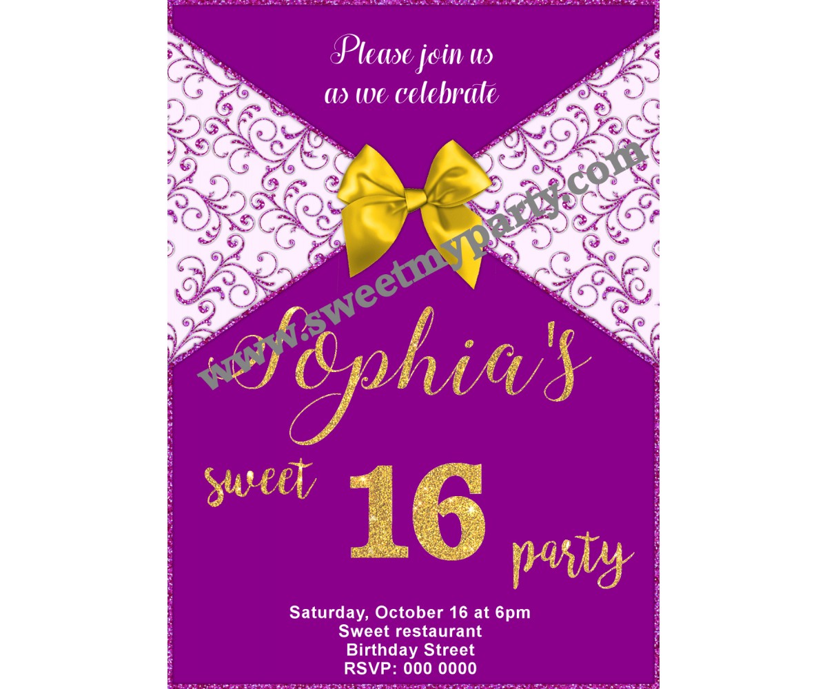 Purple Sweet 16 Party Invitation,Purple Quinceanera Party Invitation,(008aswee)